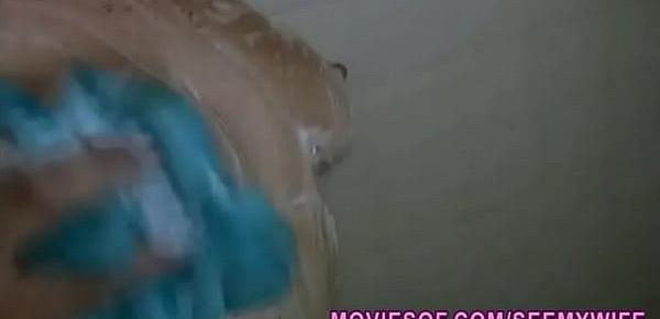  Sweet blonde wife took a shower and sucks off her man